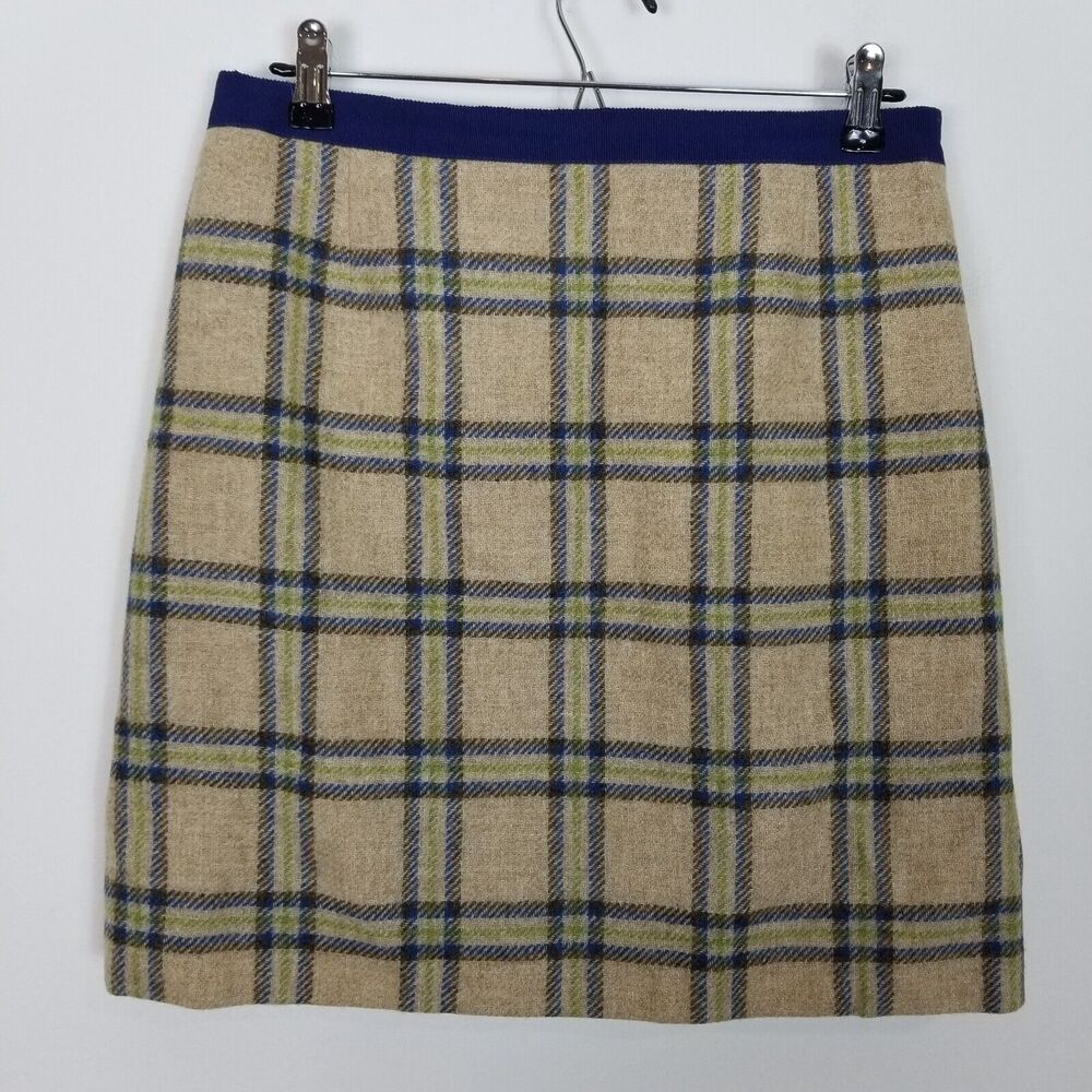 Boden British Tweed Women Beige Green Blue Plaid Mini Skirt Sz 8R Academia - Picture 2 of 4